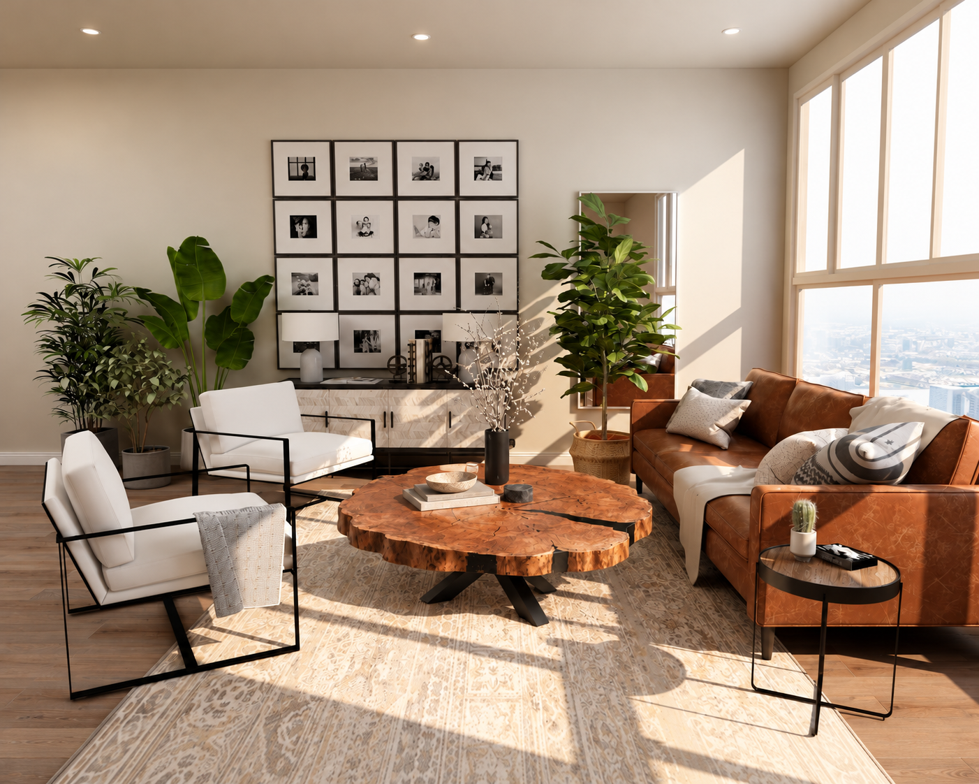 Inspirationsbild des runden Eichenholztisches in einem modernen Wohnzimmer