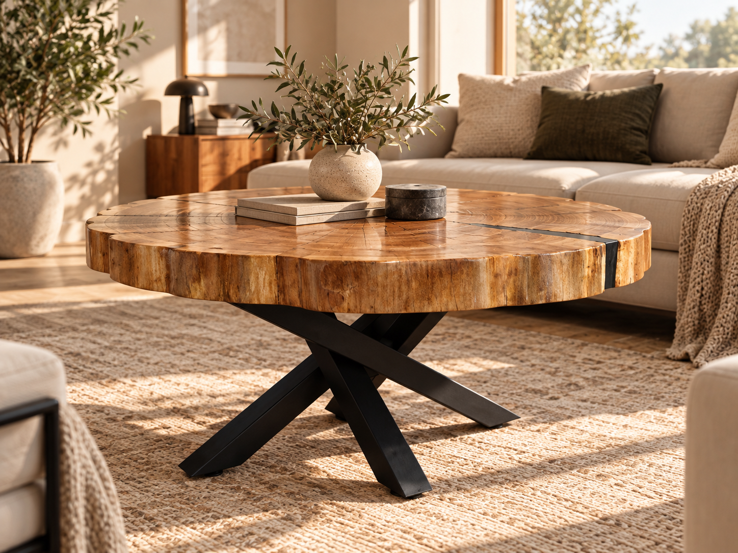 Runder Oakform Couchtisch aus Eiche in heller Wohnraumgestaltung
