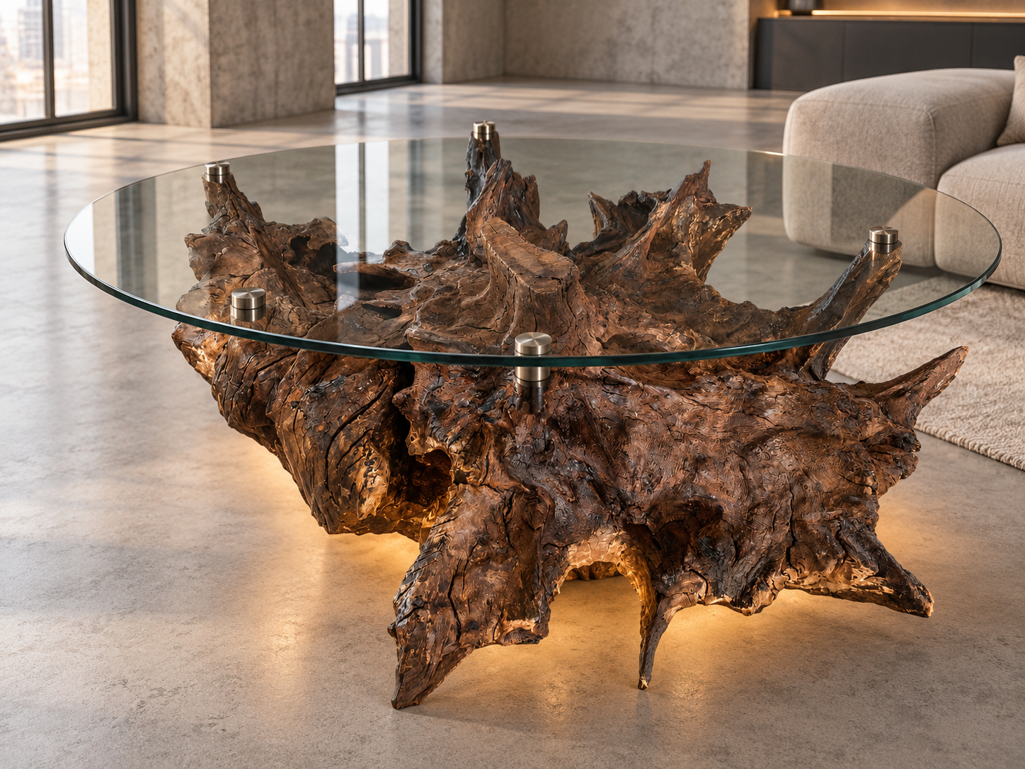 Skulpturaler Wurzeltisch mit runder Glasplatte in loftartigem Innenraum